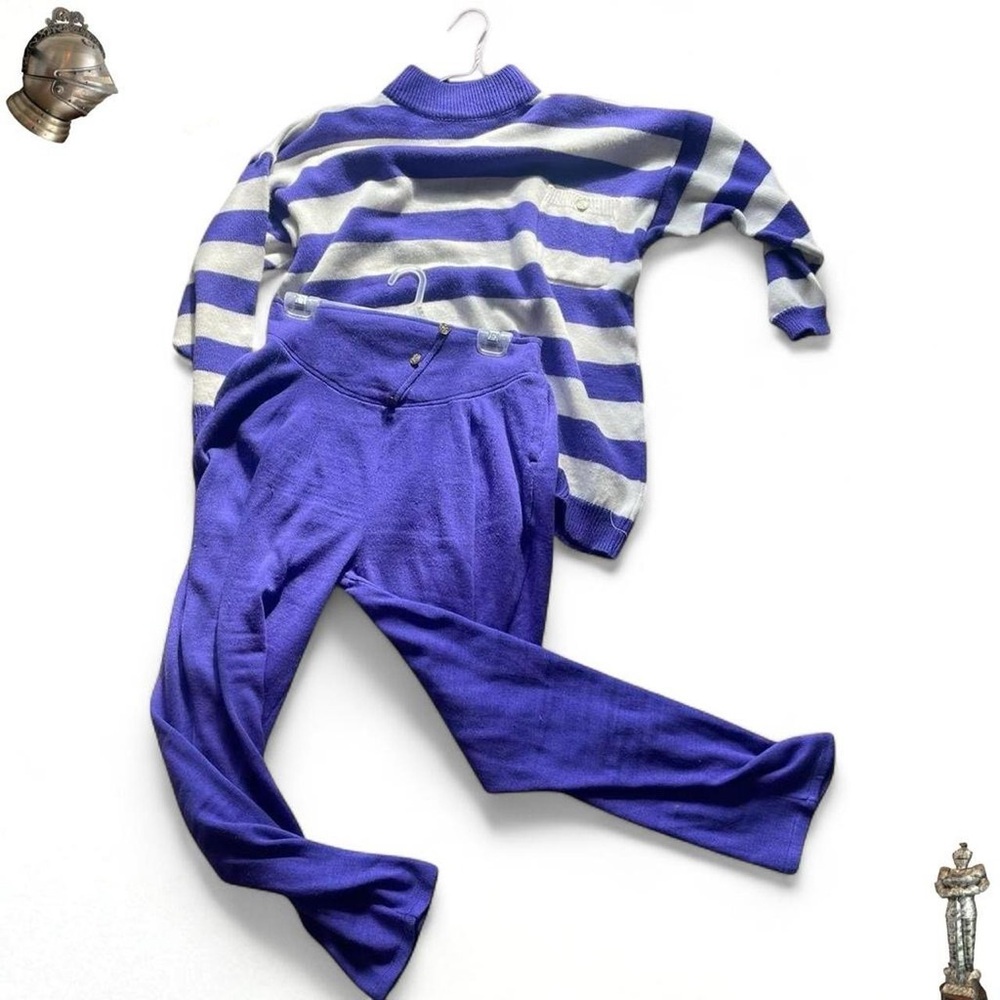Vintage purple and white striped 80s sweater and pant set